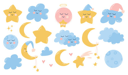 Cute childish set of good night elements. Childrens collection of stars, clouds, moons, planets. Vector illustration in hand drawn cartoon style.