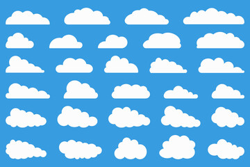 Cloud icons set on blue background. Flat cloudy vector collection. White clouds group. Design element for flat illustration.