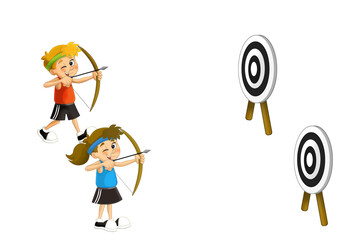cartoon scene with boy and girl doing sport shooting gallery illustration for children