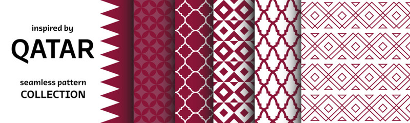 Seamless Patterns Collection inspired by Qatar Culture and Art. Set of vector graphics with backgrounds and textures. Ethnic visuals inspired by Arabian country. 