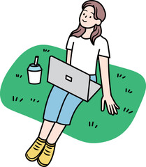 芝生に座りながらノートパソコンで仕事をしている女性のイラスト素材