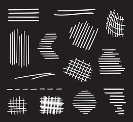 Hand drawn white hatched shapes on black. Abstract hatching. Freehand scrawled elements. Black and white illustration