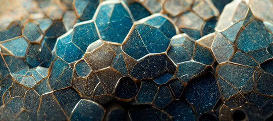 Fototapeta premium Seamless texture of an organic, black with grey, blue, golden dots, curves and abstract lines, manhattan voronoi seamless pattern, tile background.