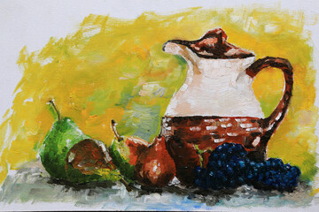 Ripe pears grapes and jug on a green background. Modern abstract watercolor painting still life