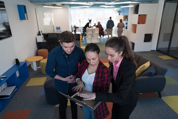 A group of young enthusiastic young business people in modern office. A business woman with a laptop in her hand, in the background a colleagues with crossed arms