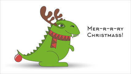 Dino Santa Claus Tyrannosaurus. Christmas funny cartoon dinosaur in a headdress with deer antlers and scarf isolated on white background. Hand drawn vector illustration. Cute green dragon