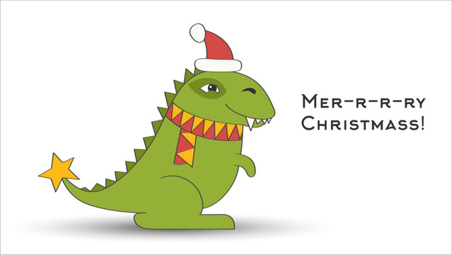 Dino Santa Claus Tyrannosaurus. Christmas funny cartoon dinosaur in a New Year hat and scarf with star on the tail isolated on white background. Hand drawn vector illustration. Cute green dragon