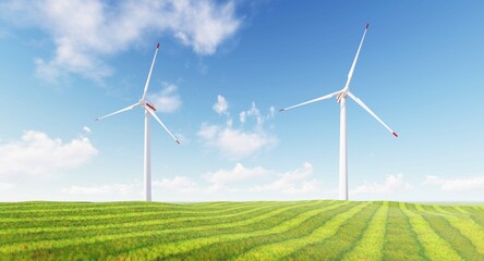 Panoramic view of wind farm or wind park, with high wind turbines for generation electricity with copy space. green energy concept. Windmills in the on a beautiful bright day.