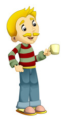 Cartoon man standing with a teapot and a cup - isolated - illustration for the children 