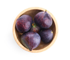 Wooden bowl of fresh ripe figs on white background