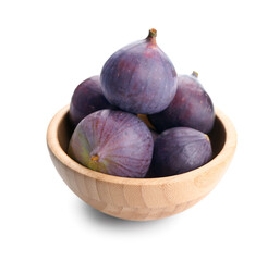 Wooden bowl of fresh ripe figs on white background
