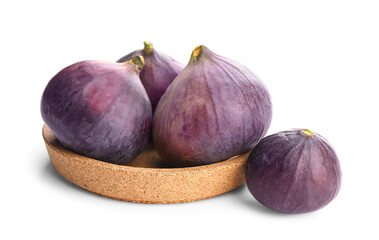 Plate with fresh ripe figs on white background