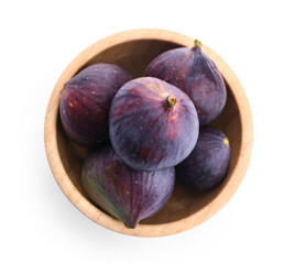 Wooden bowl of fresh ripe figs on white background