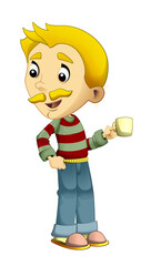 Cartoon man standing with a teapot and a cup - isolated - illustration for the children 