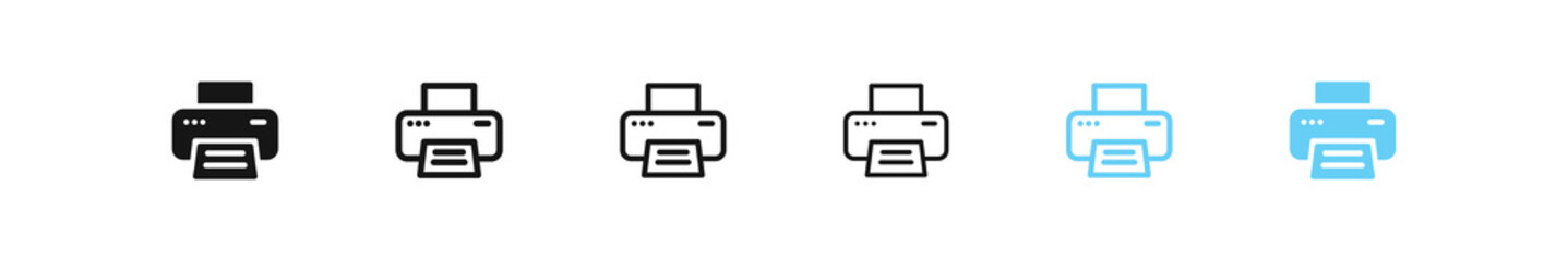 Printer icon. Print sign. Printout symbol. Paper in the office icons. Blue and black color. Vector sign.