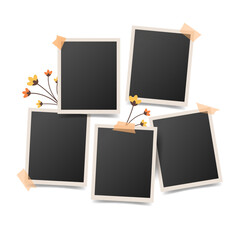 Retro blank photo frame set mockup glued with color adhesive tape. Paper instant photos collage with flowers and with sticker in vintage style. Vector illustration