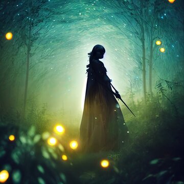 Silhouette of woman standing alone in the forest with fireflies. elf. Fairy. Fantasy scenery. concept art.