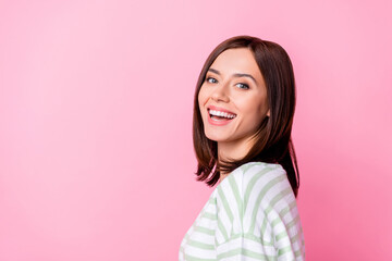 Photo of nice lovely pretty gorgeous girl with bob hairstyle wear striped t-shirt dentistry clinic ad isolated on pink color background