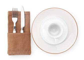 Stylish table setting with cup isolated on white background