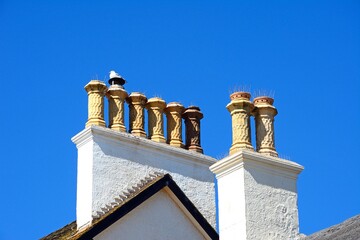 View of a Seagull sitting atop an interesting chimney on a building along the seafront, Sidmouth, Devon, UK, Europe