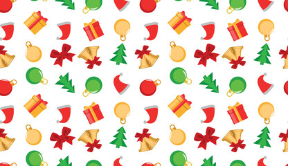 Seamless pattern on a Christmas theme. Christmas decorations, Christmas tree, balls, gifts, ornaments. Vector illustration