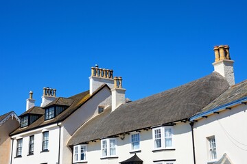 View of traditional thatched houses overlooking the beach West End of the town, Sidmouth, Devon, UK, Europe - 548471656