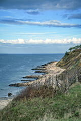 Hundested, Denmark on the cliff overlooking the sea. Baltic Sea coast, grassy
