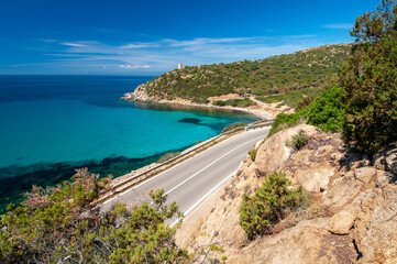 Panoramic road along the coast in Villasimius. Road 17 between Cagliari and Villasimius, Sardinia, Italy