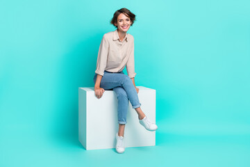 Full length photo of cute funny optimistic lady girlfriend wear nice outfit tired walk sit relax...