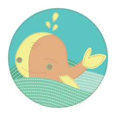 A whale swims in the sea. A patchwork illustration of a whale in the ocean. Applique with a whale. Cute vector cartoon whale. Children's, greeting, holiday and invitation card. 