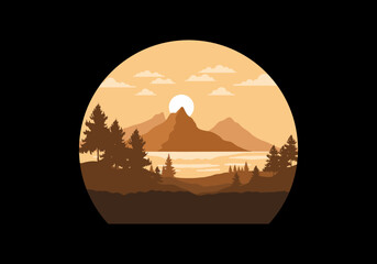 Landscape art illustration of a mountain and lake