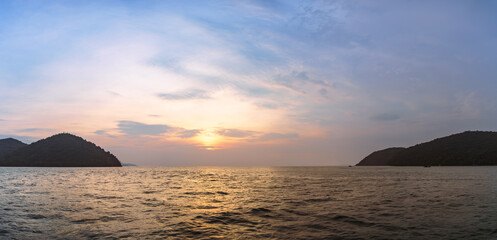 Beautiful landscape or seascape of islands and sea between the sunrise or sunset.
