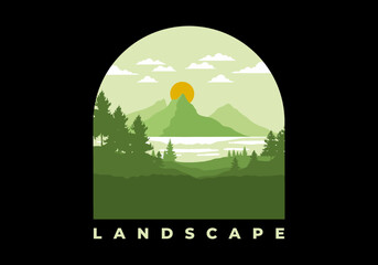 Fototapeta premium Landscape art illustration of a mountain and lake