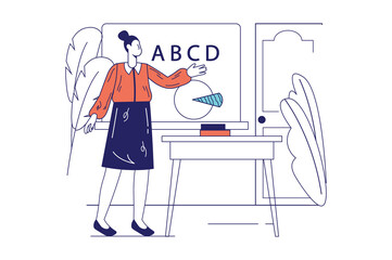 School teacher concept in flat line design for web banner. Woman tutor stands at blackboard with alphabet, explains lesson in class, modern people scene. Illustration in outline graphic style