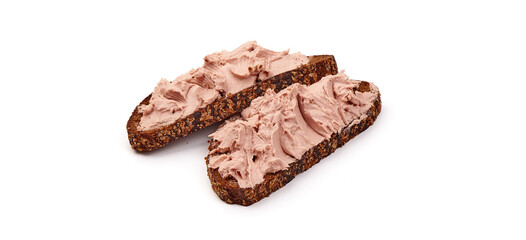 Foie gras, liver pate sandwich, isolated on white background.