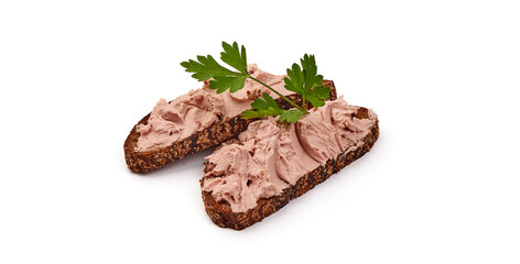 Foie gras, liver pate sandwich, isolated on white background.