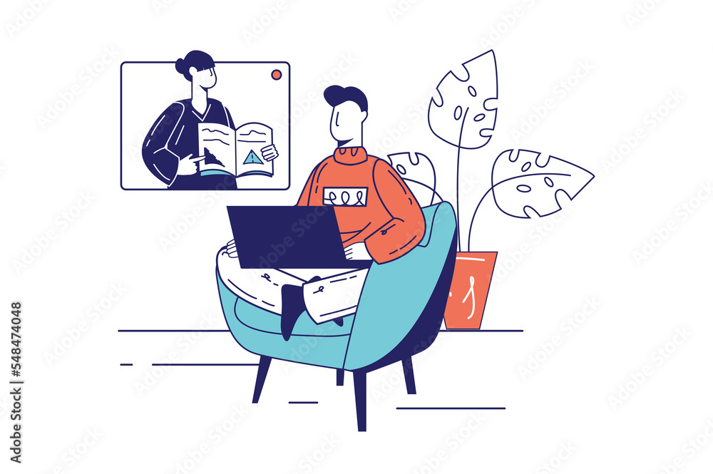 Poster distance learning concept in flat line design for web banner. student watching video lecture or webi