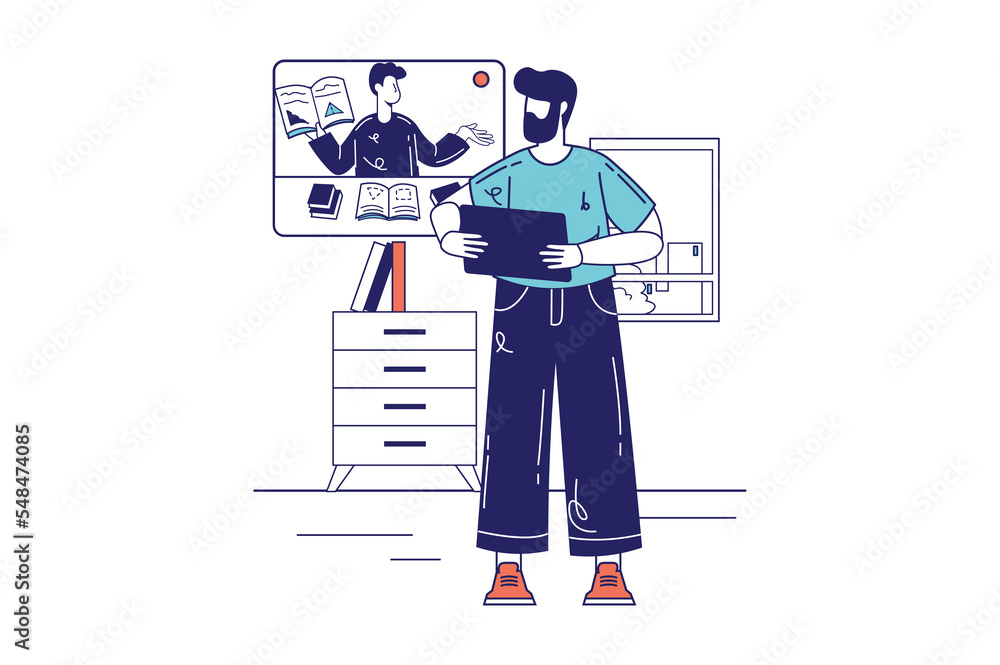 Poster distance learning concept in flat line design for web banner. man watching video lecture with teache