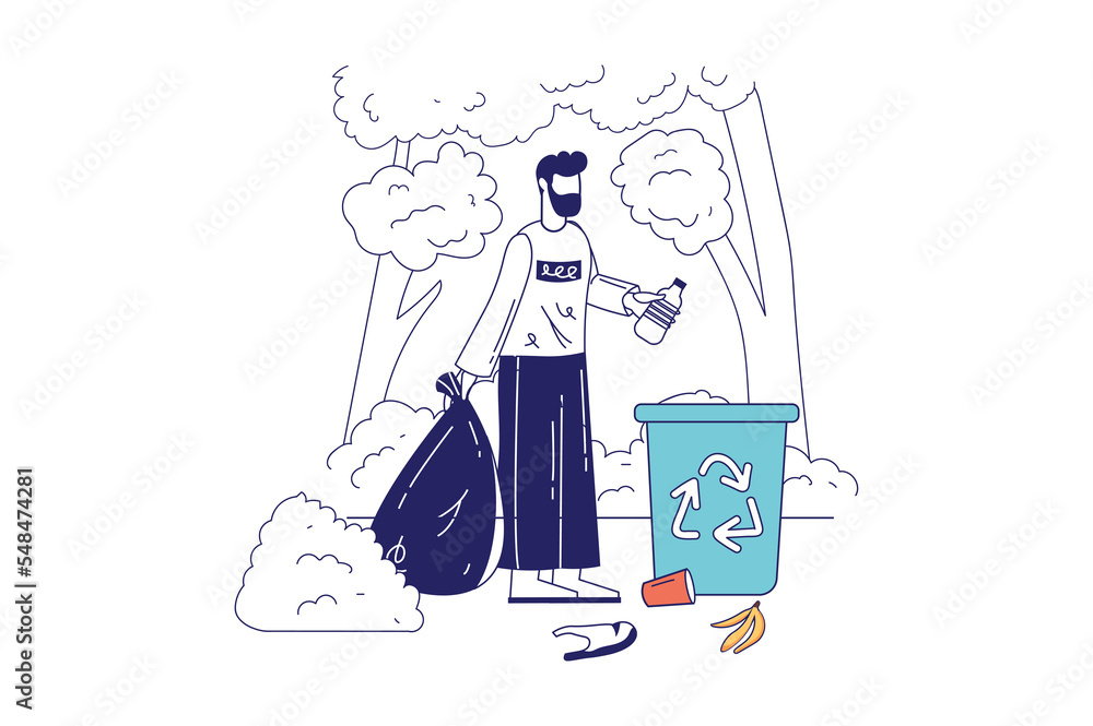 Aufkleber people collecting garbage concept in flat line design for web banner. man gathering trash in large b