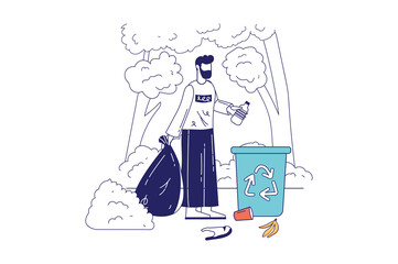 People collecting garbage concept in flat line design for web banner. Man gathering trash in large bag and take it into recycling bin, modern people scene. Illustration in outline graphic style