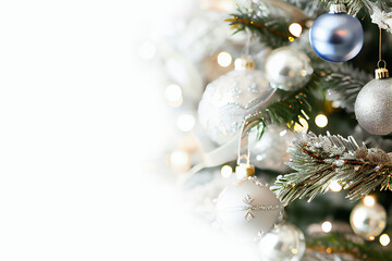 Naklejka na ściany i meble New Year and Christmas Holiday clean, bright and minimalistic background, copy space, close-up photo of a beautiful luxury Christmas tree with lights and Christmas balls on isolated pastel background