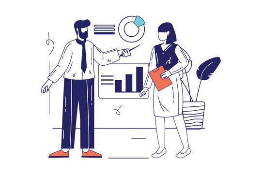 business presentation: man pointing, woman listening clip art preview