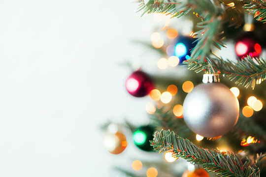 New Year and Christmas Holiday clean, bright and minimalistic background, copy space, close-up photo of a beautiful luxury Christmas tree with lights and Christmas balls on isolated pastel background