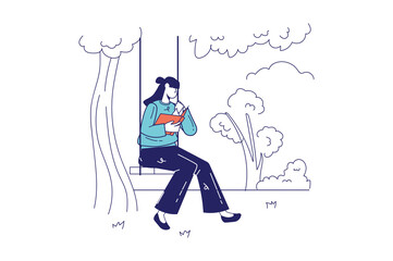 People reading book concept in flat line design for web banner. Woman sits with book on swing, literature lover is resting in park, modern people scene. Illustration in outline graphic style