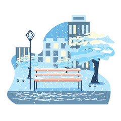 Winter city park with a path, a bench and a lantern against the backdrop of a big city. Wonderful winter and snowfall in the big city. Vector flat style illustration.