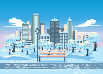 Fototapeta premium Winter city park with a path, a bench and a lantern against the backdrop of a big city. Wonderful winter and snowfall in the big city. Vector flat style illustration.