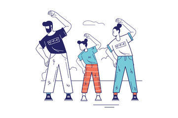 Healthy families concept in flat line design for web banner. Father, mother and daughter doing sports exercises at home together, modern people scene. Illustration in outline graphic style