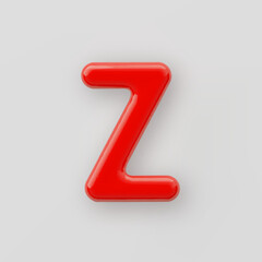 3D Red plastic uppercase letter Z with a glossy surface on a gray background.