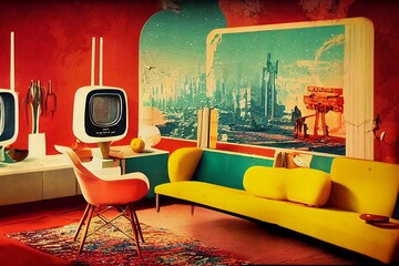 Vintage socialist living room with retro television sci-fi interior design - obrazy, fototapety, plakaty