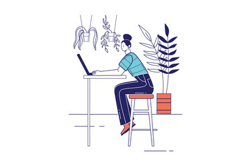 Freelance working concept in flat line design for web banner. Woman works at laptop while sitting at cafe, remote worker online, modern people scene. Illustration in outline graphic style